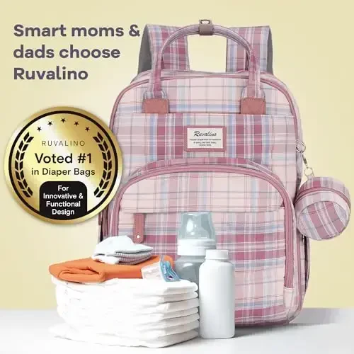 RUVALINO Diaper Bag Backpack, Multifunction Travel Pack Maternity Baby Changing Bags, Large Capacity, Waterproof, Pink Plaid - 7