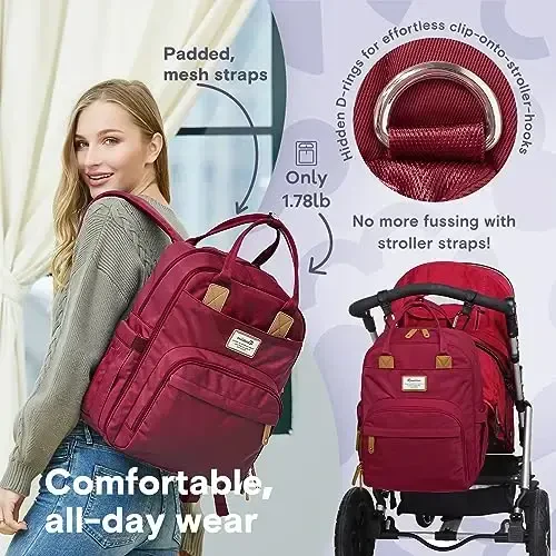 RUVALINO Diaper Bag Backpack, Multifunction Travel Pack Maternity Baby Changing Bags, Large Capacity, Waterproof, Purplish Red - 5