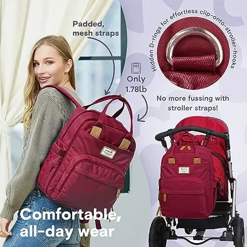 RUVALINO Diaper Bag Backpack, Multifunction Travel Pack Maternity Baby Changing Bags, Large Capacity, Waterproof, Purplish Red - 5