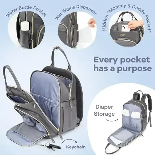 RUVALINO Diaper Bag Ryukzak, Multifunksional Sayohat uchun Bolalar Pampers Sumkasi, O'zgartirish uchun yostiq, Izolyatsiyalangan Butilka ushlagichlari va Emzik qutisi, Katta sig'imli, Suv o'tkazmaydigan, Temir kulrang - 3
