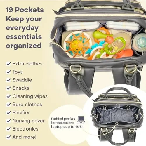 RUVALINO Diaper Bag Ryukzak, Multifunksional Sayohat uchun Bolalar Pampers Sumkasi, O'zgartirish uchun yostiq, Izolyatsiyalangan Butilka ushlagichlari va Emzik qutisi, Katta sig'imli, Suv o'tkazmaydigan, Temir kulrang - 5