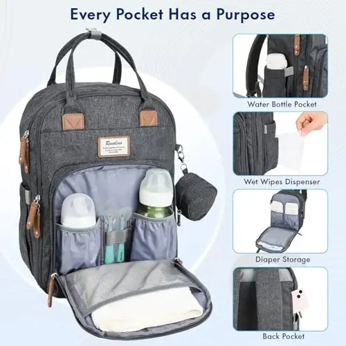 RUVALINO Travel Diaper Backpack with Vacuum Compression, Dark Gray | Baby Essentials Bag, Save 30% Capacity, Changing Pad, Insulated Bottle Holders, Pacifier Case, Waterproof - 6