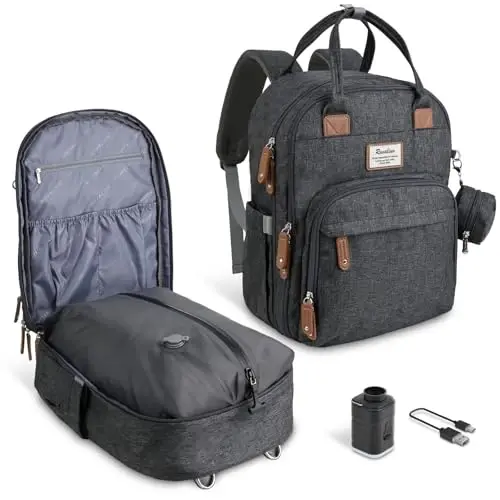RUVALINO Travel Diaper Backpack with Vacuum Compression, Dark Gray | Baby Essentials Bag, Save 30% Capacity, Changing Pad, Insulated Bottle Holders, Pacifier Case, Waterproof 