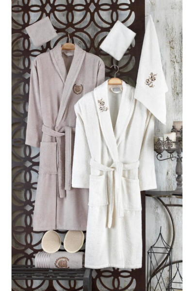 Rüya 10 Parça Nakışlı Bornoz Seti | Bornoz Takımı | Çeyiz Seti-Beyaz 