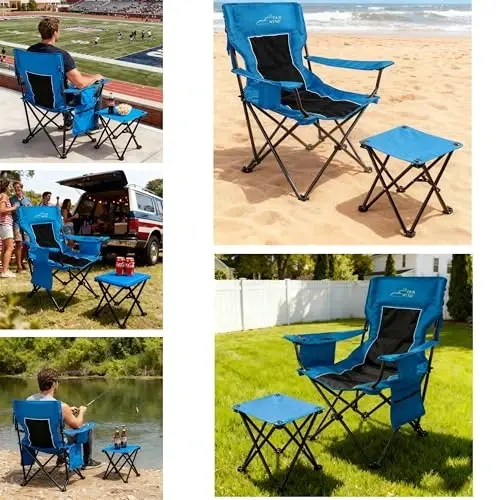 FAIR WIND Oversized Padded Camping Chair with Footrest Stool Set Heavy Duty Support 300 LBS Cooler Bag Chair - Black - 6