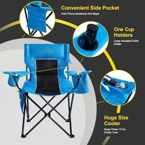 FAIR WIND Oversized Padded Camping Chair with Footrest Stool Heavy Duty Cooler Bag Chair for Fishing, Tailgating, Sports Games, Backyard - Support 300 LBS Blue - 7