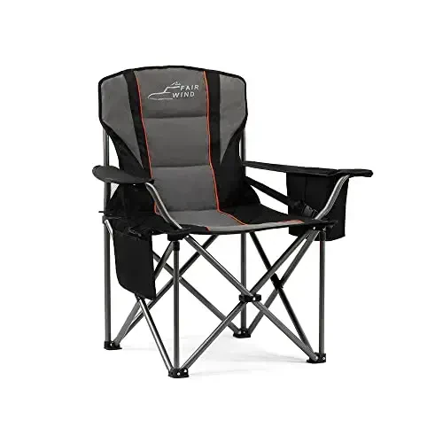 FAIR WIND Oversized Fully Padded Camping Chair with Lumbar Support, Heavy Duty Quad Fold Chair with Cooler Bag, Support 450 LBS, Black - MODAZONE