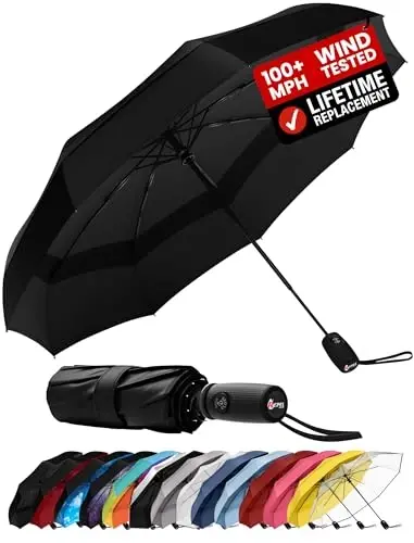 Repel Windproof Travel Umbrella - Compact & Withstands Winds up to 100MPH , Strongest Premium Auto Folding Umbrella for Rain and Sun - Durable, Light & Portable for Women & Men , Fits Backpack & Cars 