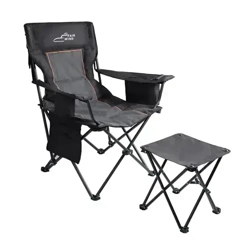 FAIR WIND Oversized Padded Camping Chair with Footrest Stool Set Heavy Duty Support 300 LBS Cooler Bag Chair - Black 