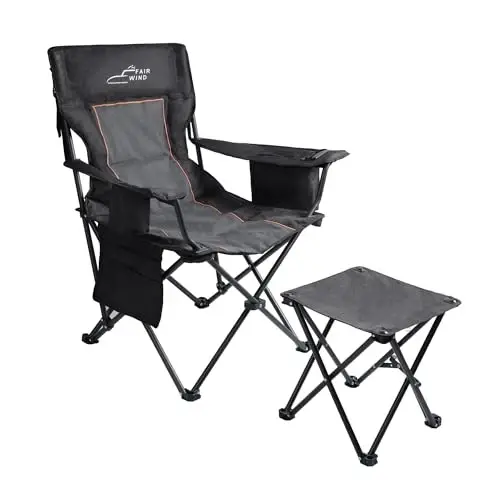 FAIR WIND Oversized Padded Camping Chair with Footrest Stool Set Heavy Duty Support 300 LBS Cooler Bag Chair - Black - 1