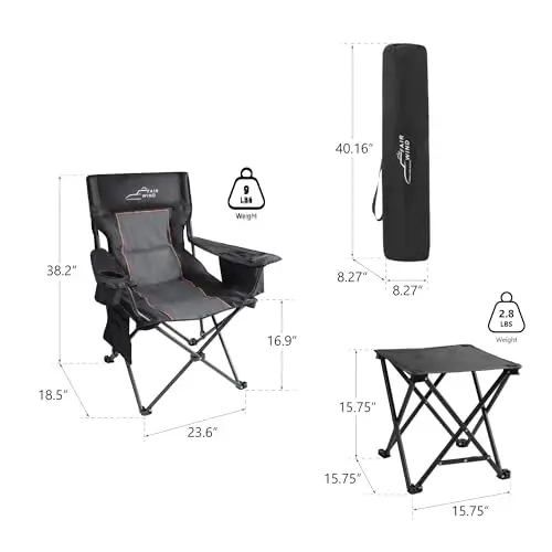 FAIR WIND Oversized Padded Camping Chair with Footrest Stool Set Heavy Duty Support 300 LBS Cooler Bag Chair - Black - 2