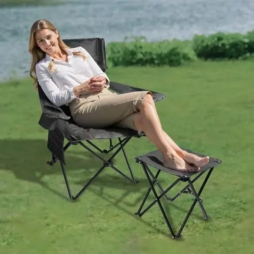 FAIR WIND Oversized Padded Camping Chair with Footrest Stool Set Heavy Duty Support 300 LBS Cooler Bag Chair - Black - 5