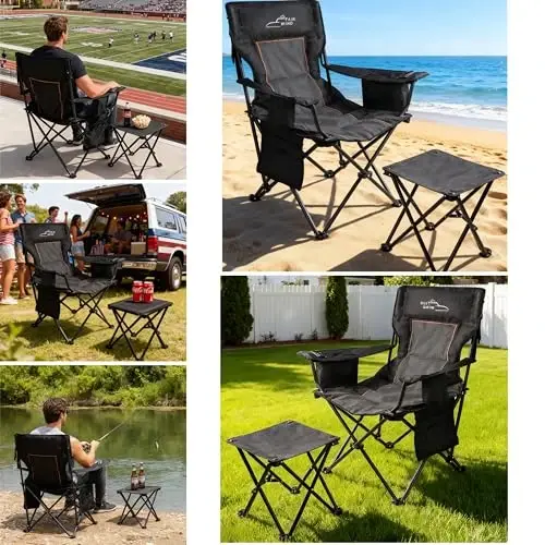 FAIR WIND Oversized Padded Camping Chair with Footrest Stool Set Heavy Duty Support 300 LBS Cooler Bag - Black Grey - FAIR WIND (1)