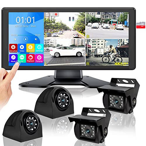 RV Backup Camera System with 10.36’’ 4K Monitor for RV Truck Bus Trailer with 4 Rear/Side View 1080P HD Cameras 4 Splits Touch Screen DVR Recording IP69 Waterproof Bluetooth Music Video Avoid Blind - 1