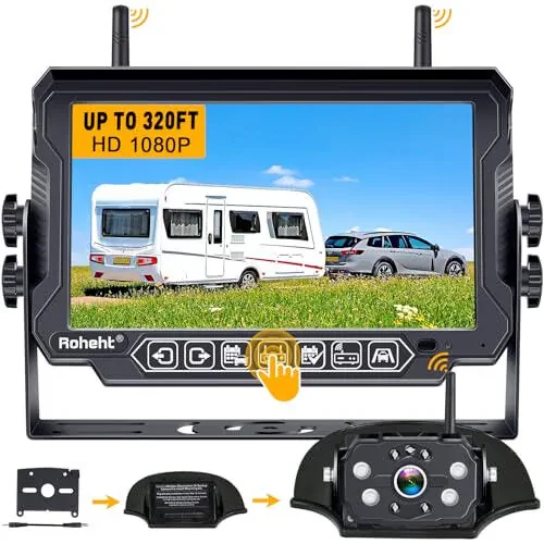 RV Backup Camera Wireless Strong Signal: HD 1080P 7'' Touch Key Recording Monitor Rear View System for Trailers/Trucks/5th Wheel 4 Channels Easy Setup Plug and Play for Furrion Pre-Wired Mount R9 - Rohent