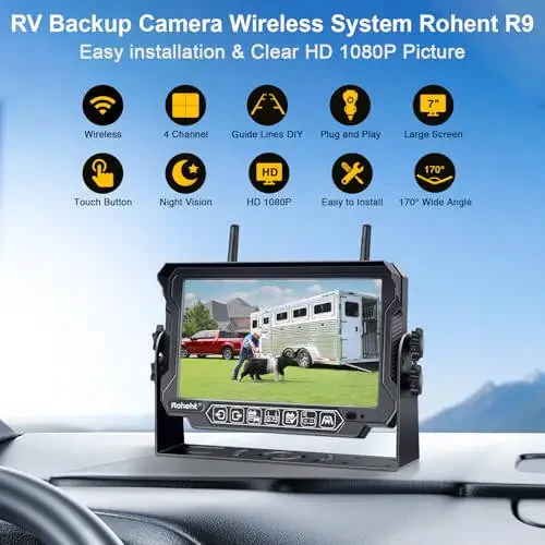 RV Backup Camera Wireless Strong Signal: HD 1080P 7'' Touch Key Recording Monitor Rear View System for Trailers/Trucks/5th Wheel 4 Channels Easy Setup Plug and Play for Furrion Pre-Wired Mount R9 - 3