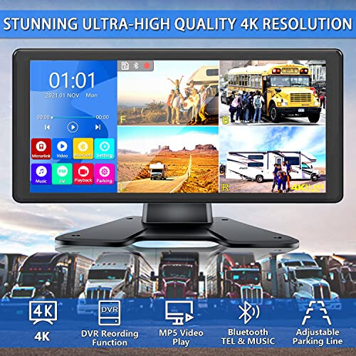 RV Kamyon Otobus Römork İçin 10.36'' 4K Monitörlü RV Yedek Kamera Sistemi, 4 Arka/Yan Görüş 1080P HD Kamera, 4 Bölünmüş Dokunmatik Ekran DVR Kayıt, IP69 Su Geçirmez, Bluetooth Müzik Video, Kör Noktadan Kaçınma - 3