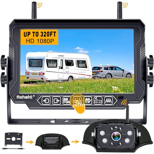 RV Yedek Kamera Kablosuz Güçlü Sinyal: Römorklar/Kamyonlar/5. Teker için HD 1080P 7'' Dokunmatik Tuş Kayıt Monitörü Arka Görüş Sistemi 4 Kanal Kolay Kurulum Furrion Kablolu Dahili Montaj R9 için Tak ve Çalıştır - ROHENT