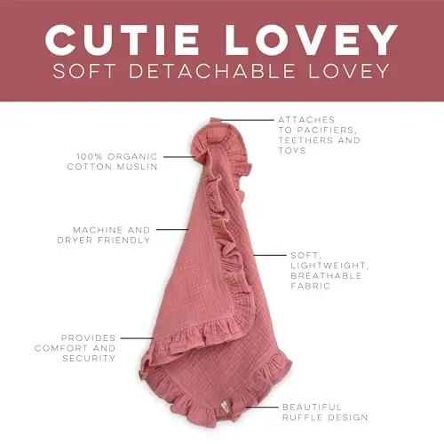 Ryan & Rose Cutie Lovey - Soft 100% Organic Cotton Muslin with Attachable Snap Closure - Loveys for Babies Newborn Baby Lovey Security Blankets for Babies Baby Blanket (Ruffle Petal) - 2
