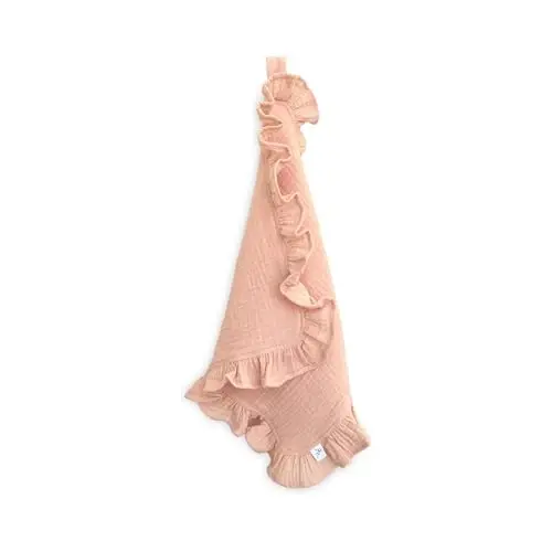 Ryan & Rose Cutie Lovey - Soft 100% Organic Cotton Muslin with Attachable Snap Closure - Loveys for Babies Newborn Baby Lovey Security Blankets for Babies Baby Blanket (Ruffle Peachy) - 1