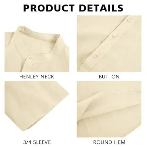 Ryannology erkaklar zig'ir ko'ylaklari kundalik paxta 3/4 yengli oddiy qulay Henley futbolka yozgi engil plyaj yoga toplari - 4