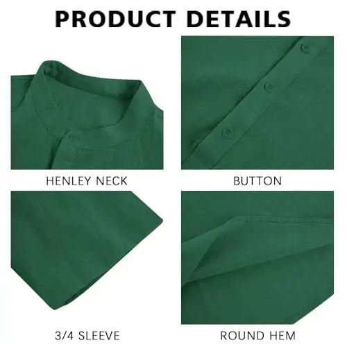 Ryannology Mens Linen Shirts Casual Cotton 3/4 Sleeve Regular-Fit Henley T-Shirt Summer Lightweight Beach Yoga Tops - RYANNOLOGY (1)
