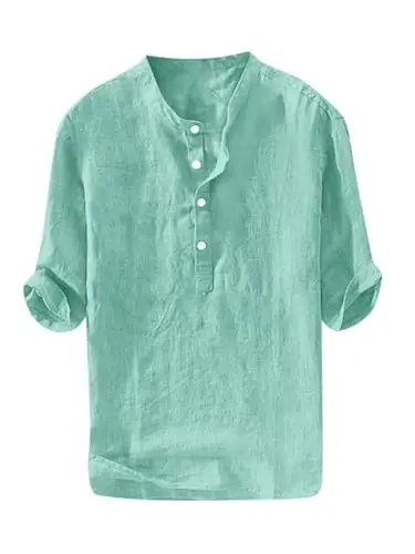 Ryannology Mens Linen Shirts Casual Cotton 3/4 Sleeve Regular-Fit Henley T-Shirt Summer Lightweight Beach Yoga Tops 