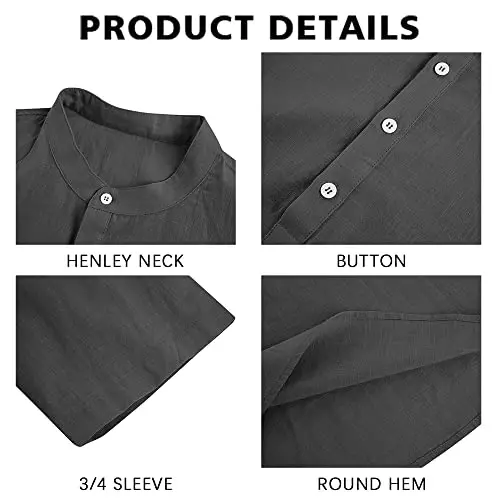 Ryannology Mens Linen Shirts Casual Cotton 3/4 Sleeve Regular-Fit Henley T-Shirt Summer Lightweight Beach Yoga Tops - 2
