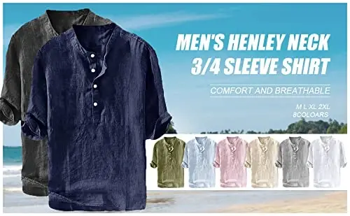 Ryannology Mens Linen Shirts Casual Cotton 3/4 Sleeve Regular-Fit Henley T-Shirt Summer Lightweight Beach Yoga Tops - 5