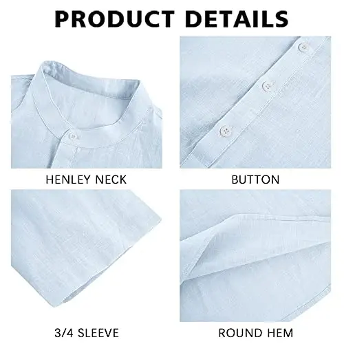 Ryannology Mens Linen Shirts Casual Cotton 3/4 Sleeve Regular-Fit Henley T-Shirt Summer Lightweight Beach Yoga Tops - RYANNOLOGY (1)