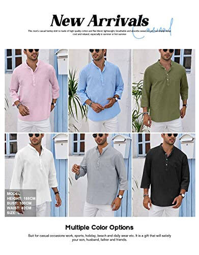 Ryannology Erkek Keten Gömlek Henley 3/4 Kollu Rahat Pamuklu Tişört Regular-Fit Hafif Plaj Yoga Tunik Üstleri - 4