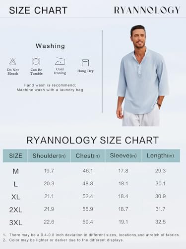 Ryannology Erkek Keten Gömlek Henley 3/4 Kollu Rahat Pamuklu Tişört Regular-Fit Hafif Plaj Yoga Tunik Üstleri - 6