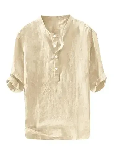 Ryannology Mens Linen Shirts Casual Cotton 3/4 Sleeve Regular-Fit Henley T-Shirt Summer Lightweight Beach Yoga Tops - 3