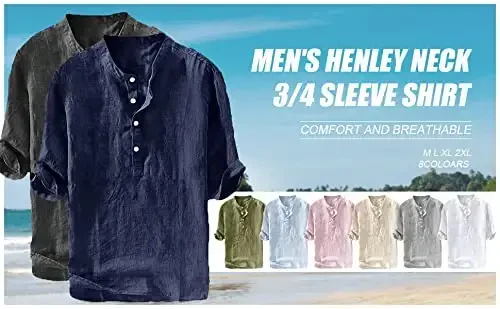 Ryannology Mens Linen Shirts Casual Cotton 3/4 Sleeve Regular-Fit Henley T-Shirt Summer Lightweight Beach Yoga Tops - 6