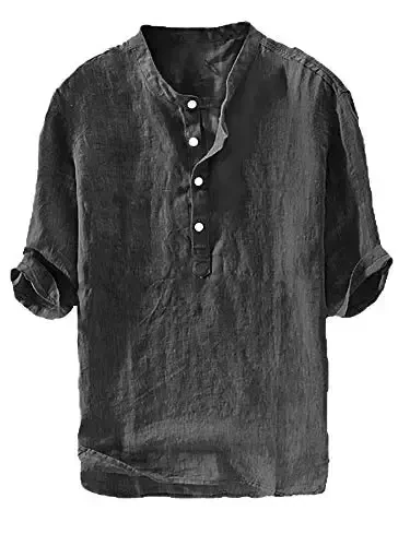 Ryannology Mens Linen Shirts Casual Cotton 3/4 Sleeve Regular-Fit Henley T-Shirt Summer Lightweight Beach Yoga Tops - 1