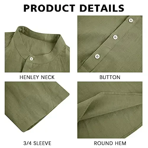 Ryannology Mens Linen Shirts Casual Cotton 3/4 Sleeve Regular-Fit Henley T-Shirt Summer Lightweight Beach Yoga Tops - 2