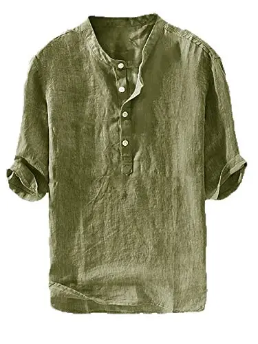 Ryannology Mens Linen Shirts Casual Cotton 3/4 Sleeve Regular-Fit Henley T-Shirt Summer Lightweight Beach Yoga Tops 