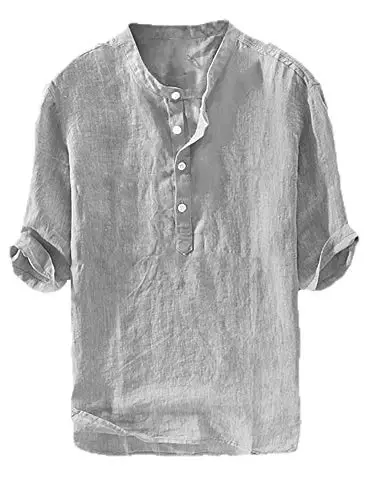 Ryannology Mens Linen Shirts Casual Cotton 3/4 Sleeve Regular-Fit Henley T-Shirt Summer Lightweight Beach Yoga Tops 