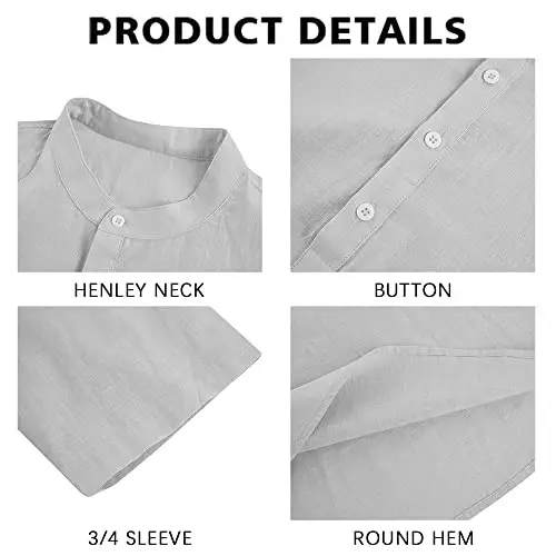 Ryannology Mens Linen Shirts Casual Cotton 3/4 Sleeve Regular-Fit Henley T-Shirt Summer Lightweight Beach Yoga Tops - 2
