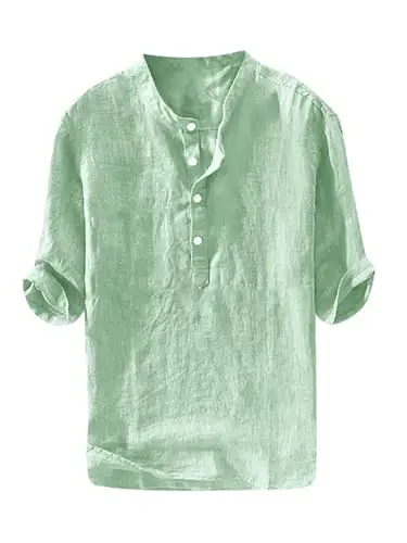 Ryannology Mens Linen Shirts Casual Cotton 3/4 Sleeve Henley T-Shirt | Regular-Fit,Collarless,Hippie,Cotton Hemp Tunic Shirt Tops,Banded Collar Lightweight Beach Yoga Pullover Shirts - 1