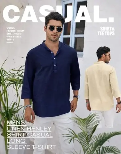 Ryannology Mens Linen Shirts Casual Cotton 3/4 Sleeve Henley T-Shirt | Regular-Fit,Collarless,Hippie,Cotton Hemp Tunic Shirt Tops,Banded Collar Lightweight Beach Yoga Pullover Shirts - 3