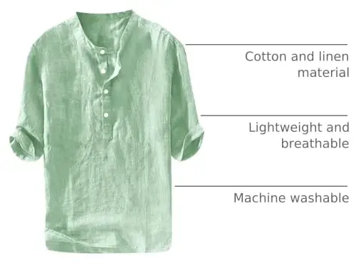 Ryannology Mens Linen Shirts Casual Cotton 3/4 Sleeve Henley T-Shirt | Regular-Fit,Collarless,Hippie,Cotton Hemp Tunic Shirt Tops,Banded Collar Lightweight Beach Yoga Pullover Shirts - 4