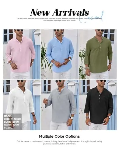 Ryannology Mens Linen Shirts Casual Cotton 3/4 Sleeve Henley T-Shirt | Regular-Fit,Collarless,Hippie,Cotton Hemp Tunic Shirt Tops,Banded Collar Lightweight Beach Yoga Pullover Shirts - 5