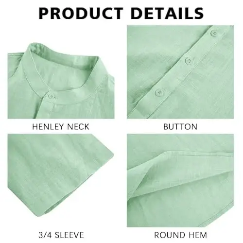 Ryannology Mens Linen Shirts Casual Cotton 3/4 Sleeve Henley T-Shirt | Regular-Fit,Collarless,Hippie,Cotton Hemp Tunic Shirt Tops,Banded Collar Lightweight Beach Yoga Pullover Shirts - RYANNOLOGY (1)