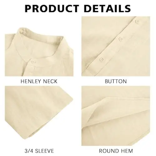 Ryannology Mens Linen Shirts Casual Cotton 3/4 Sleeve Regular-Fit Henley T-Shirt Summer Lightweight Beach Yoga Tops - 4
