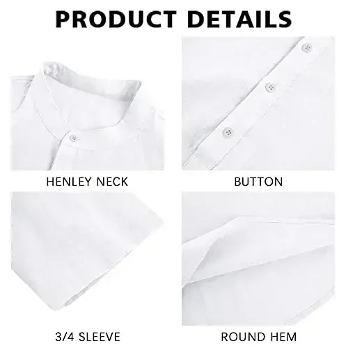 Ryannology Mens Linen Shirts Casual Cotton 3/4 Sleeve Regular-Fit Henley T-Shirt Summer Lightweight Beach Yoga Tops - MODAZONE (1)