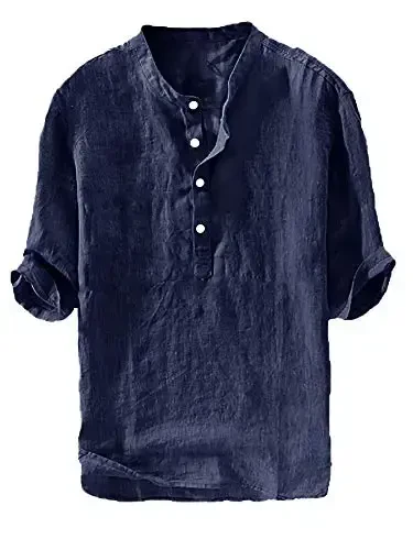 Ryannology Mens Linen Shirts Casual Cotton 3/4 Sleeve Regular-Fit Henley T-Shirt Summer Lightweight Beach Yoga Tops - 1