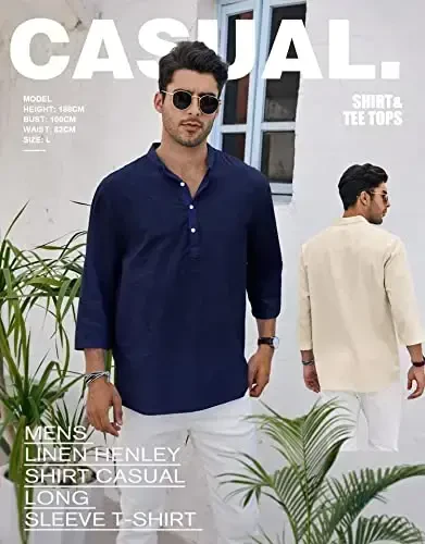 Ryannology Mens Linen Shirts Casual Cotton 3/4 Sleeve Regular-Fit Henley T-Shirt Summer Lightweight Beach Yoga Tops - 3