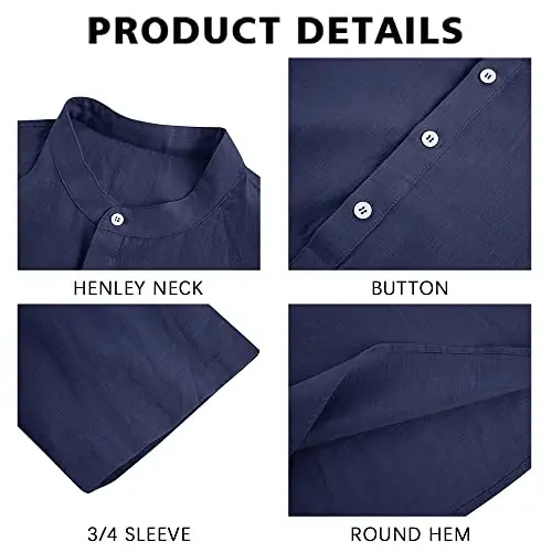 Ryannology Mens Linen Shirts Casual Cotton 3/4 Sleeve Regular-Fit Henley T-Shirt Summer Lightweight Beach Yoga Tops - 2