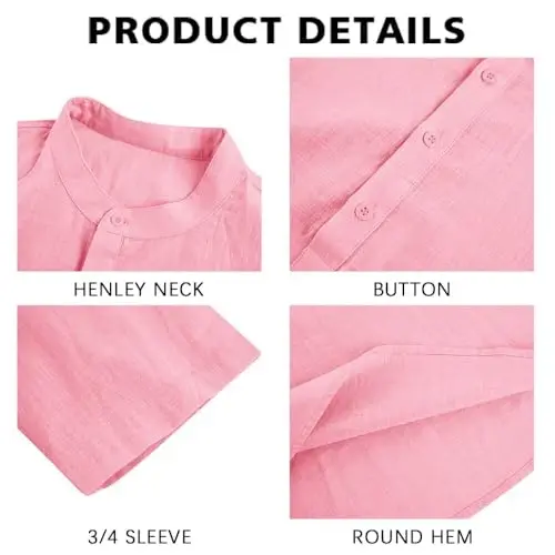 Ryannology Mens Linen Shirts Casual Cotton 3/4 Sleeve Regular-Fit Henley T-Shirt Summer Lightweight Beach Yoga Tops - 4